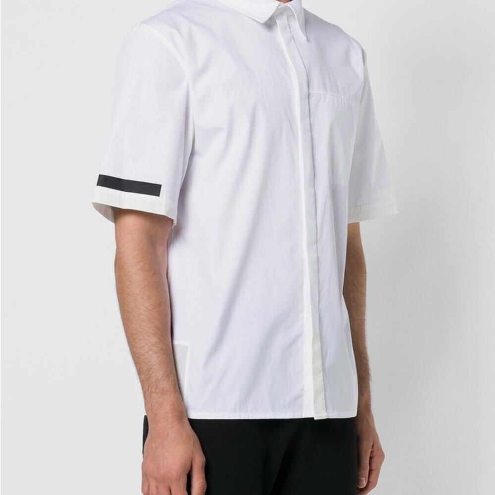 Helmut Lang White Short Sleeve Shirt with Black Accent Band Stripe